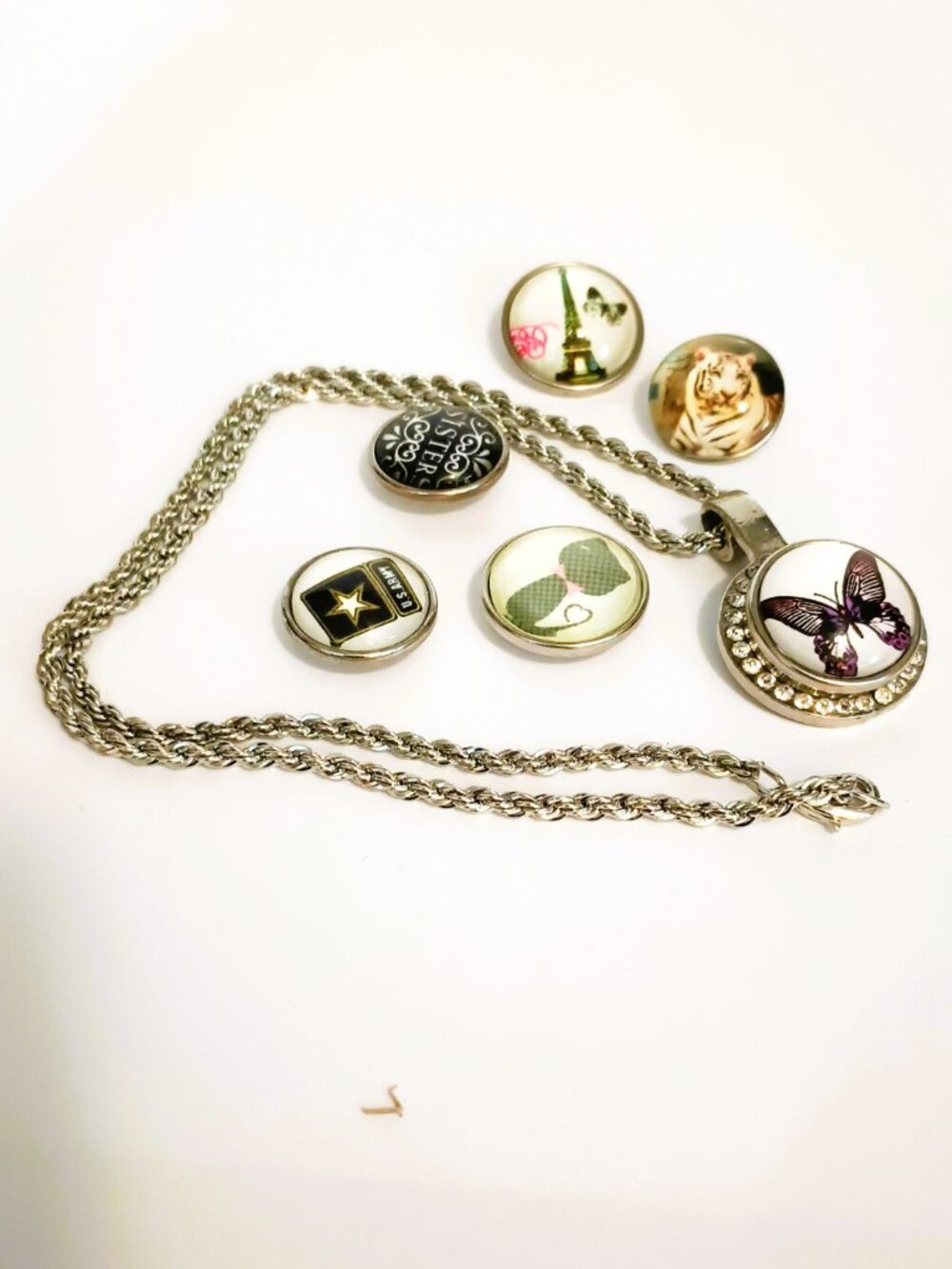 Interchangeable Snap On Pendant Necklace 18" Silver Tone Pave Round 6 Buttons